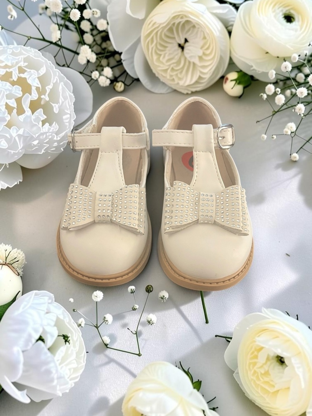 Vince Camuto Cream T-Strap Dress Shoes with Jeweled Bow